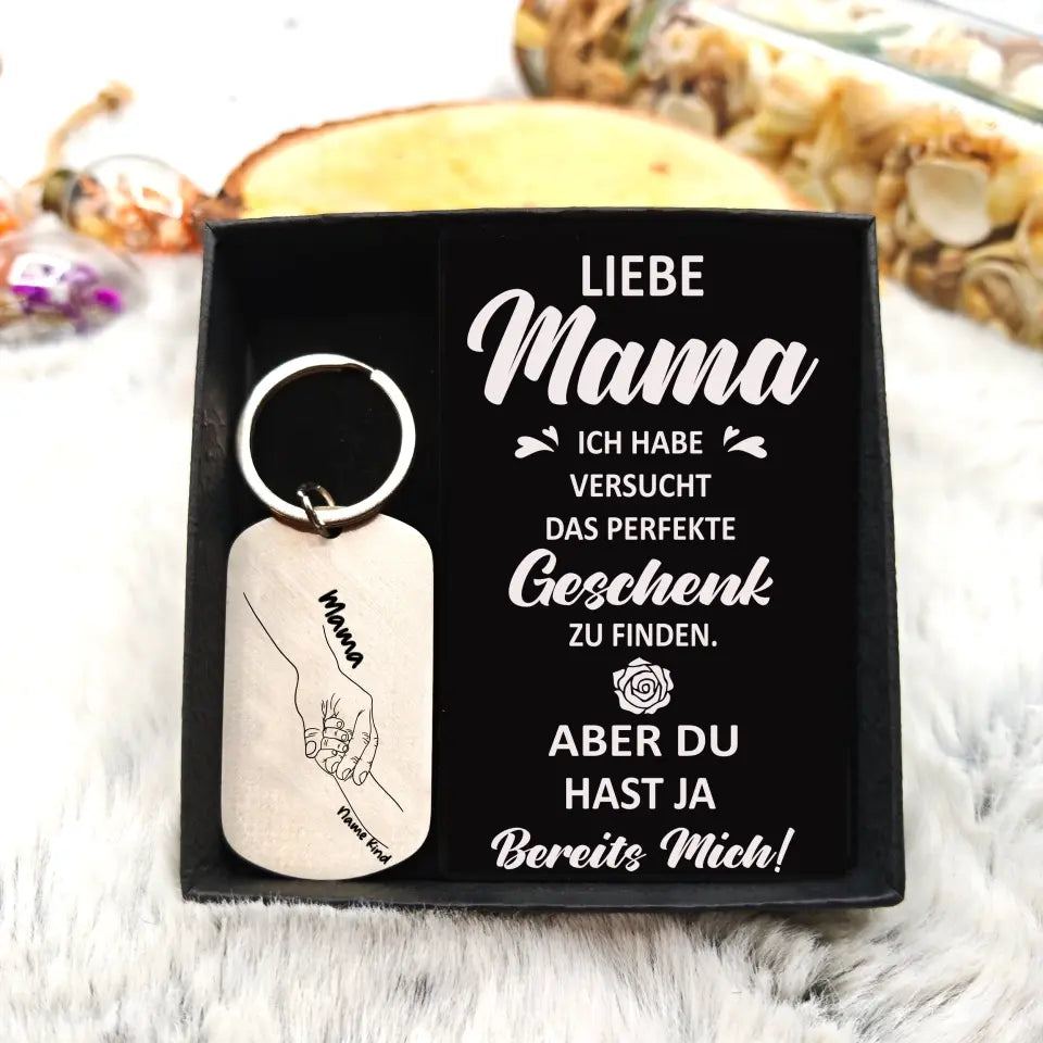Personalisierbare Namen Hand Familie Schlüsselanhänger v5 - Liebe Mama du hast ja bereits mich-Geschenk mit Nachrichtenkarte