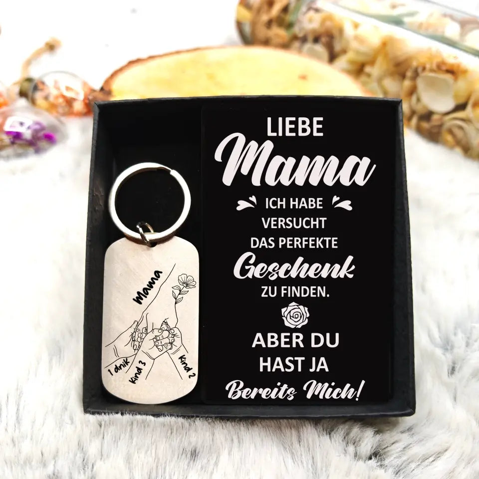 Personalisierbare von ein bis drei 3 Namen Blume Hand Familie Schlüsselanhänger - Liebe Mama du hast ja bereits mich-Geschenk mit Nachrichtenkarte