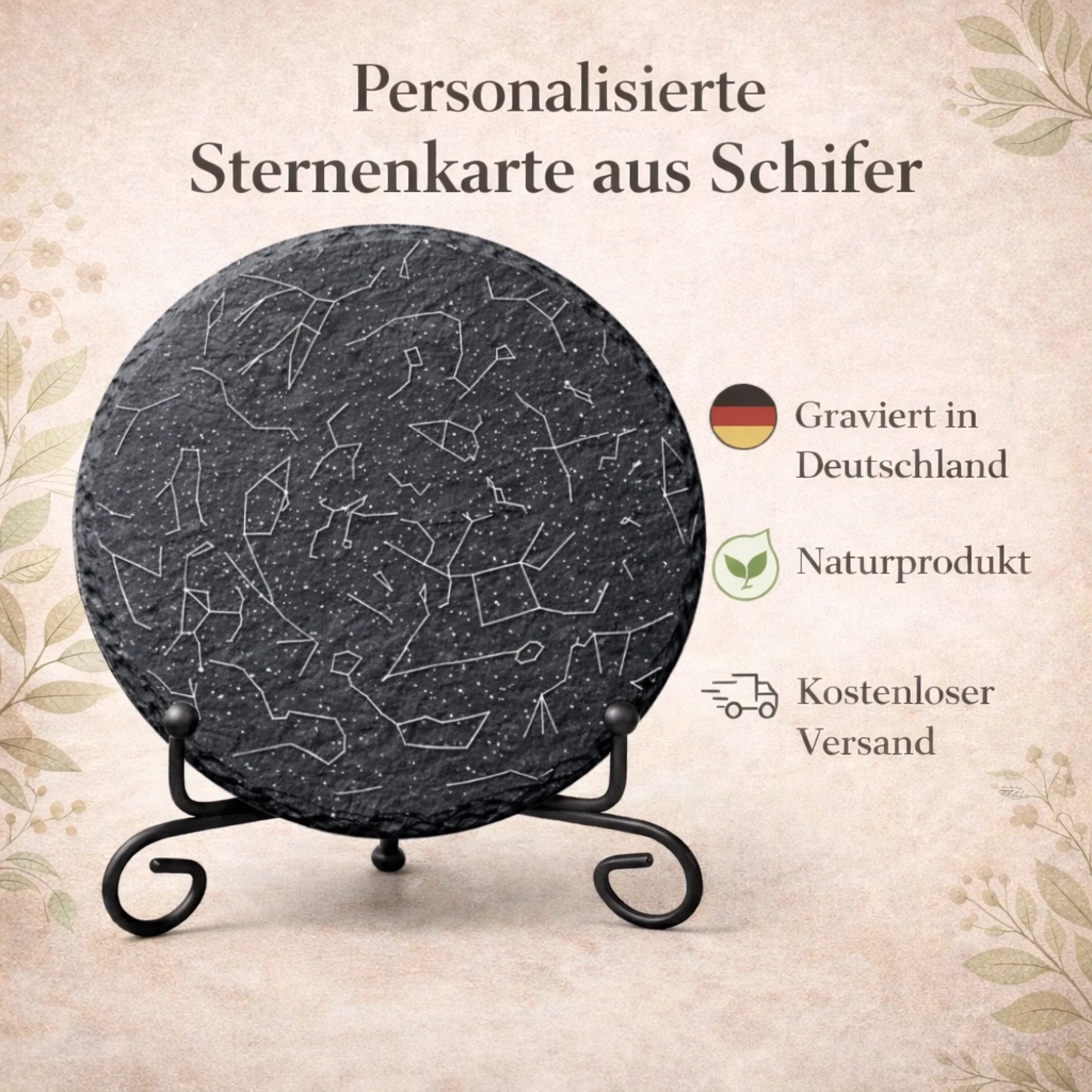 Personalisierte runde Schieferplatte mit Sternenkarte, Gravur auf der Rückseite mit Namen, Koordinaten und individuellem Text