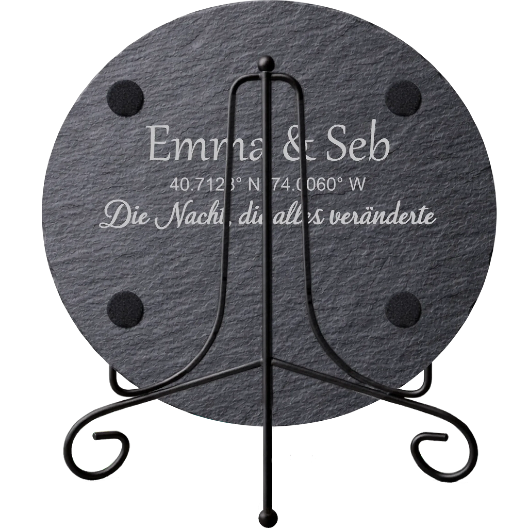 Personalisierte runde Schieferplatte mit Sternenkarte, Gravur auf der Rückseite mit Namen, Koordinaten und individuellem Text