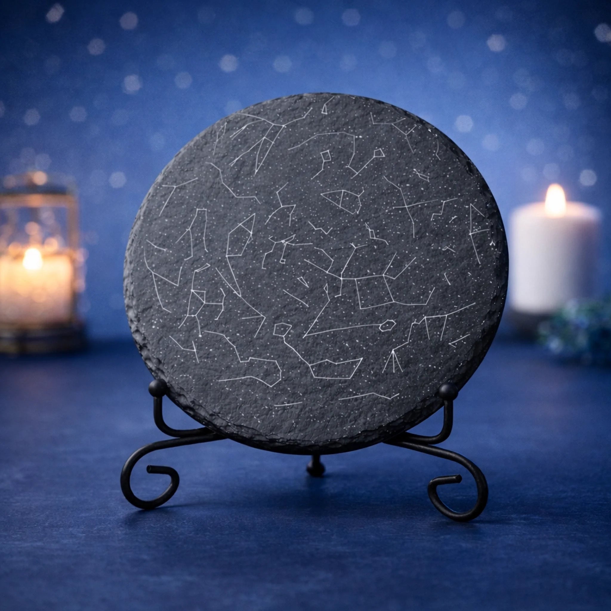 Personalisierte runde Schieferplatte mit Sternenkarte, Gravur auf der Rückseite mit Namen, Koordinaten und individuellem Text