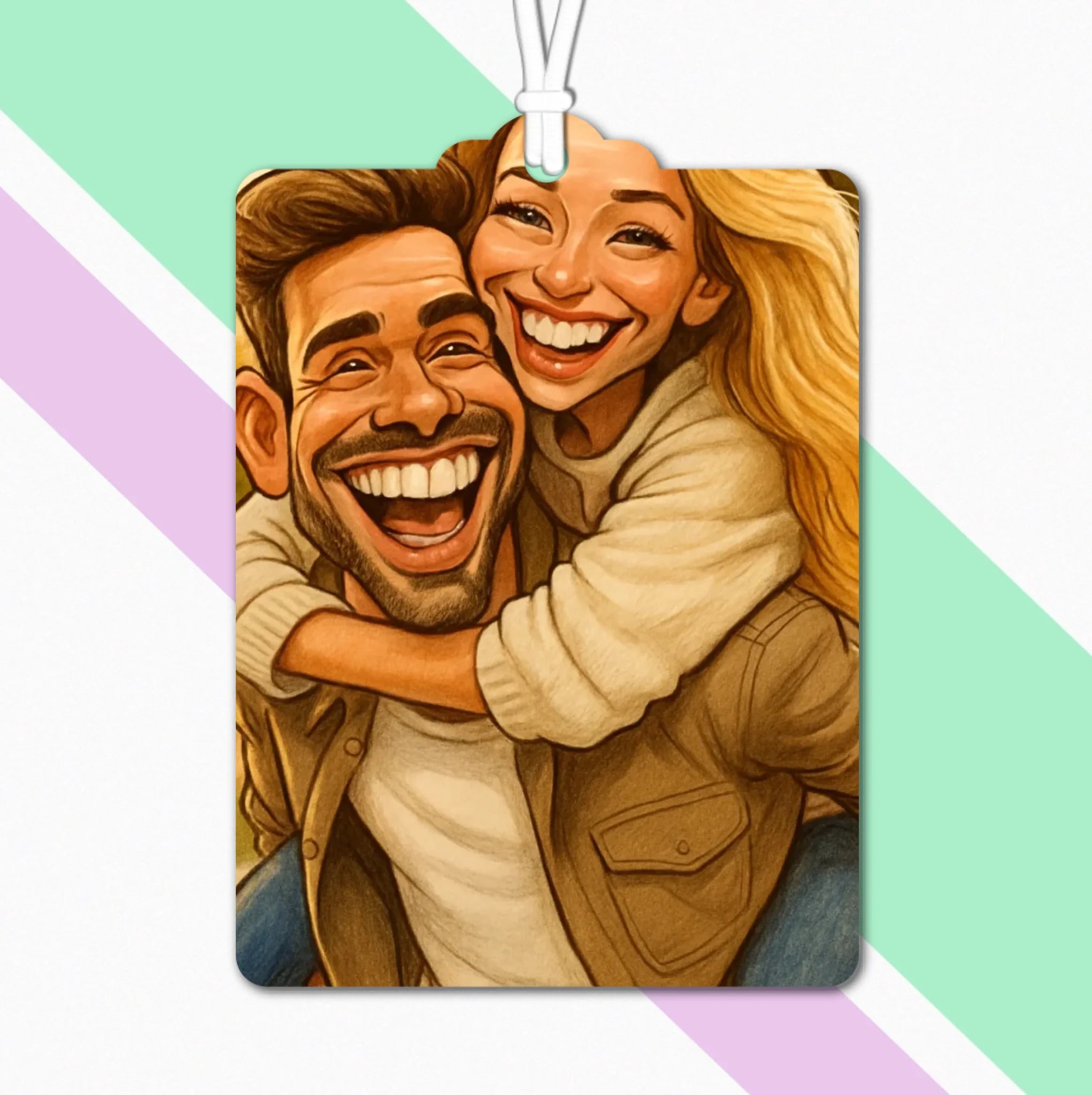 titelPersonalisierter Auto-Lufterfrischer mit Karikatur aus Foto und individuellem Wunschtext aus hochwertigem Filz