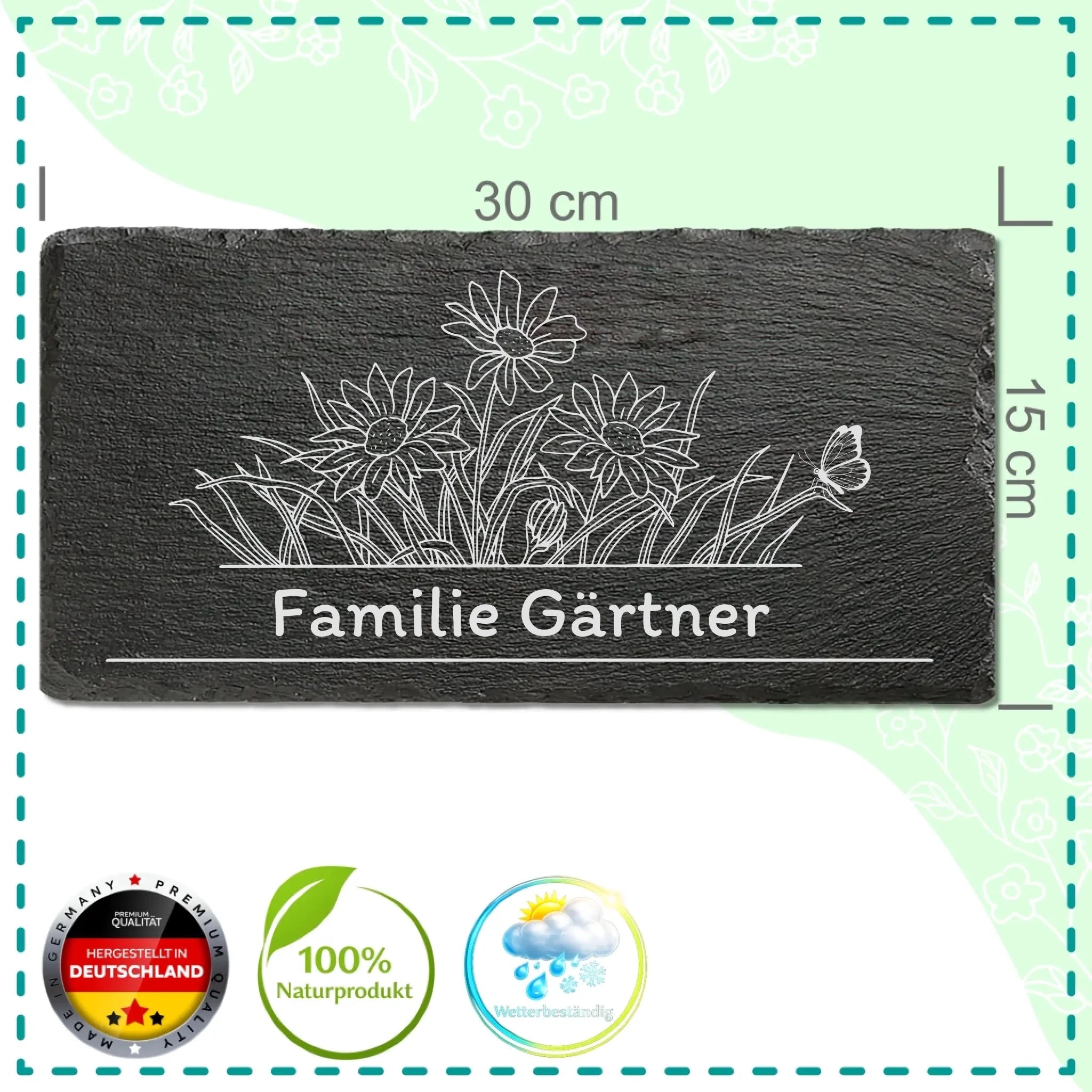 Eingangsschild aus Schiefer mit Blumenwiesen-Illustration, personalisiert mit Familienname, wetterbeständig, inkl. Kordel