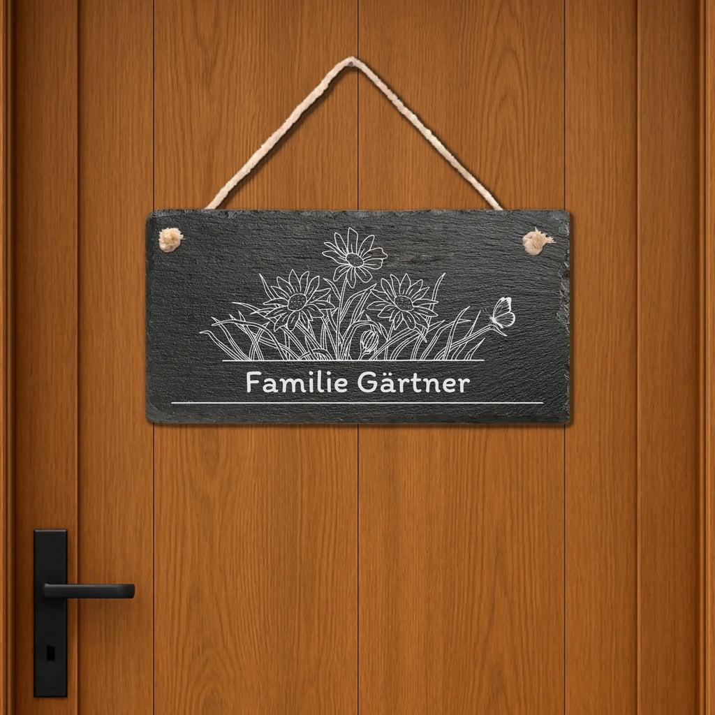 Personalisierte Schiefertafel als Türschild an der Haustür, Jagd-Motiv, hochwertige Lasergravur