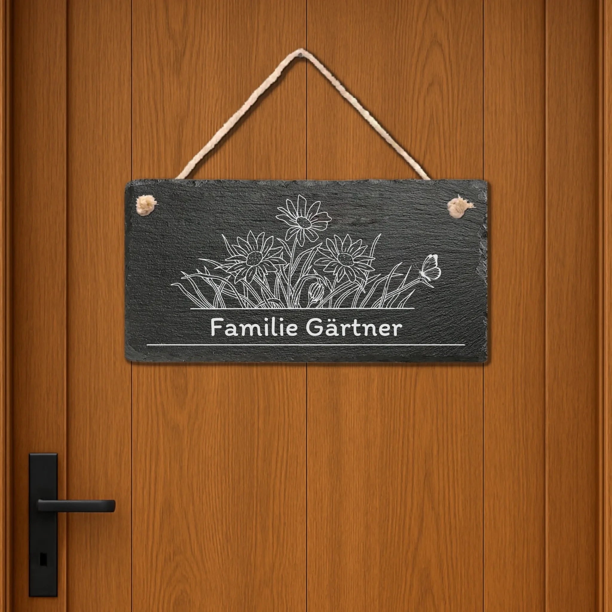 Personalisierte Schiefertafel als Türschild an der Haustür, Jagd-Motiv, hochwertige Lasergravur