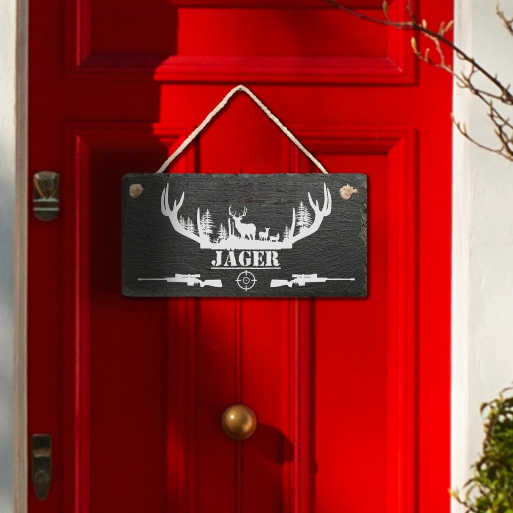 Haustürschild aus Schiefer für Jäger, personalisiert mit Familienname, 30×15 cm