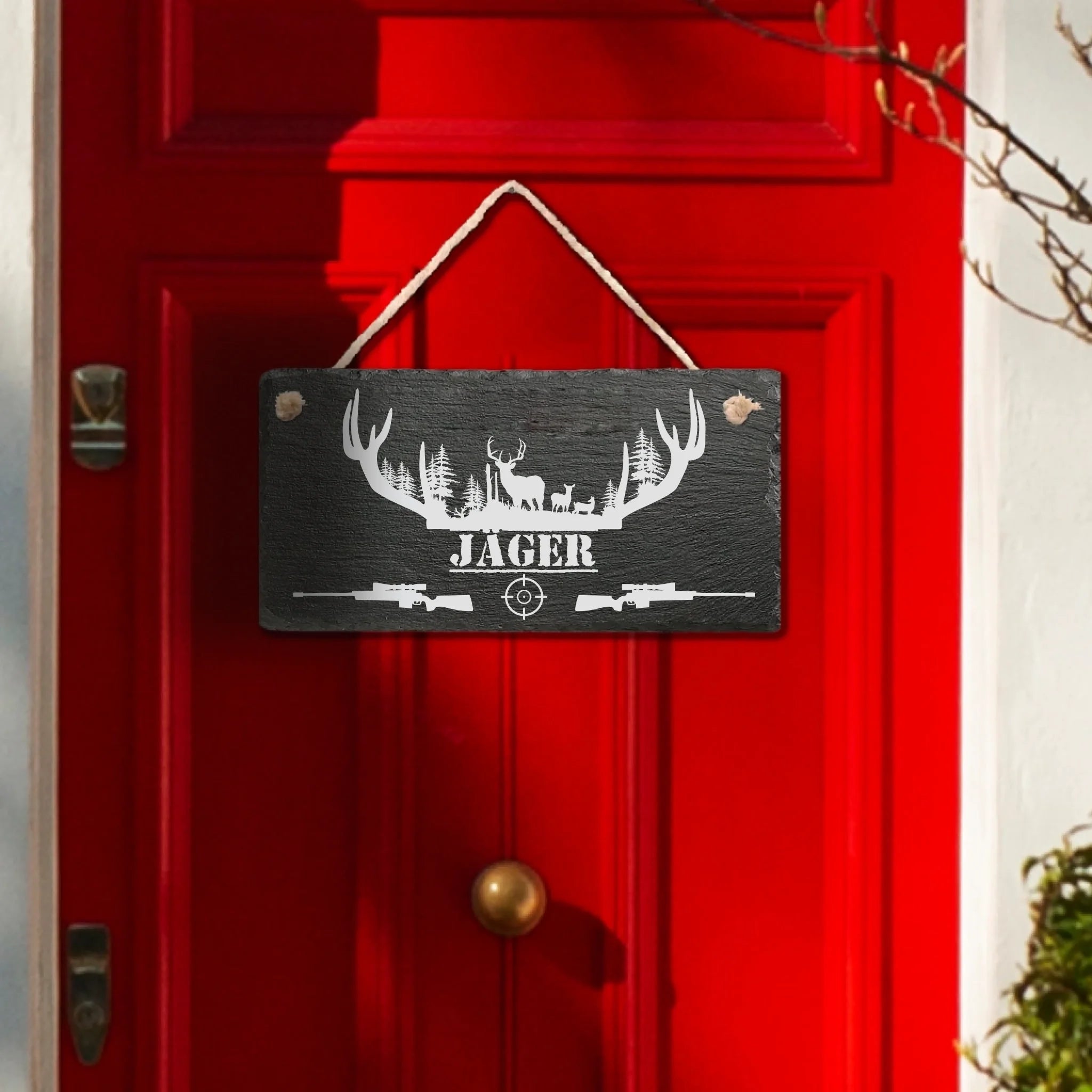 Haustürschild aus Schiefer für Jäger, personalisiert mit Familienname, 30×15 cm