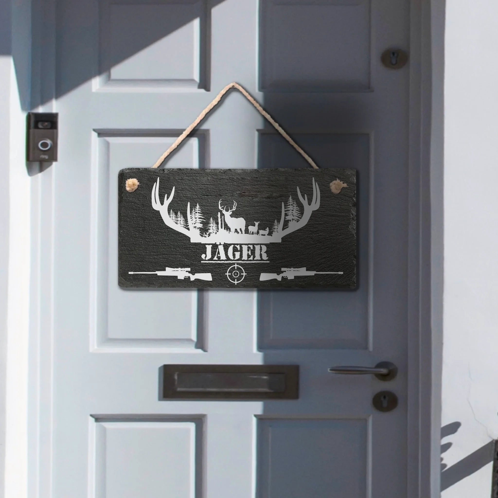 Schiefer Türhänger „Jagdrevier“ mit Geweih, Wunschname graviert, Geschenk für Jäger