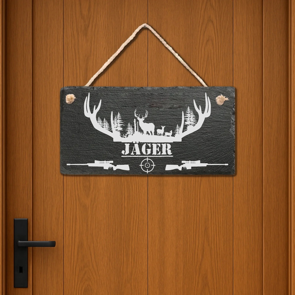 Personalisierte Schiefertafel als Türschild an der Haustür, Jagd-Motiv, hochwertige Lasergravur