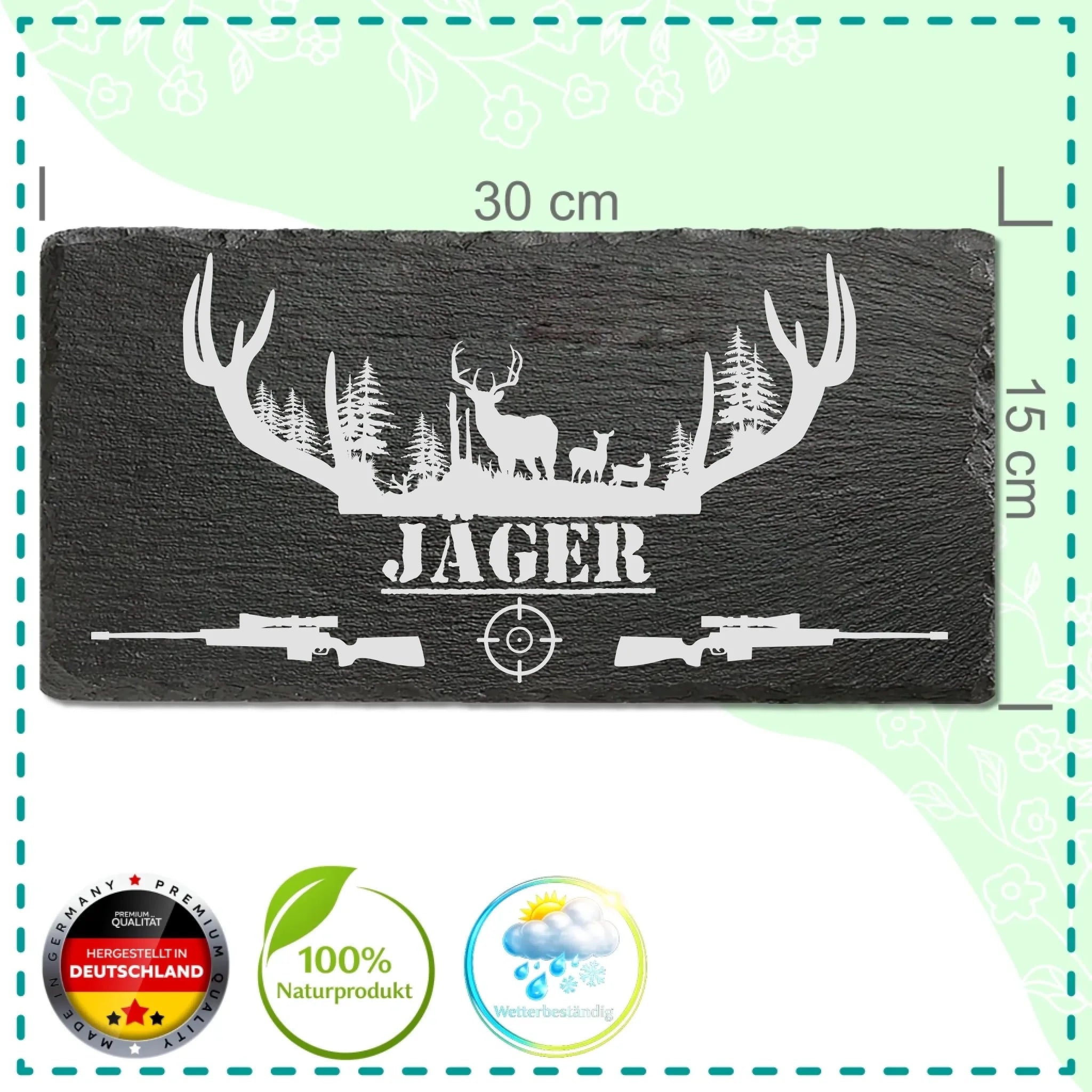 Personalisiertes Schiefer-Türschild im Jagdrevier-Design mit Hirschgeweih und Waldmotiv, Wunschname graviert, inkl. Kordel