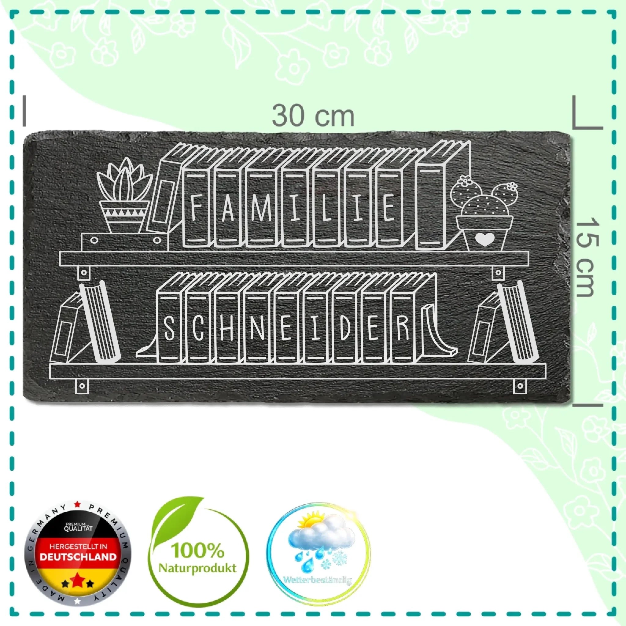 Personalisiertes Schiefer-Türschild „Familienbibliothek“ mit Bücherregal-Motiv, Wunschname graviert, inkl. Kordel