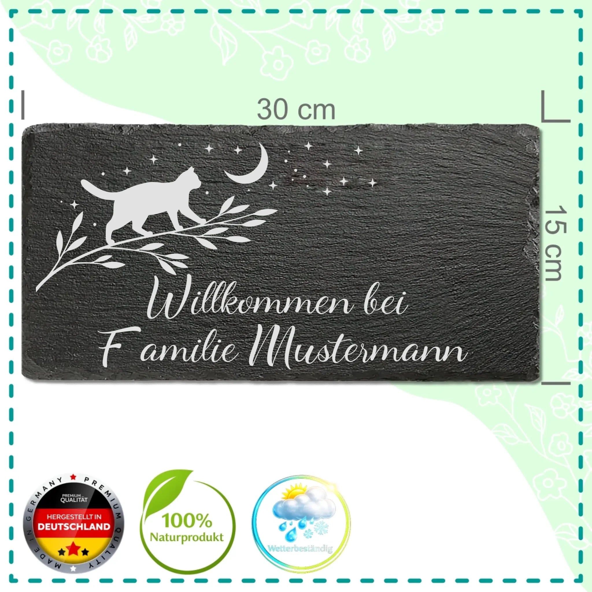 Schiefer-Willkommensschild 30×15 cm mit Kordel, Katze- und Sternenmotiv, personalisiert mit Familienname