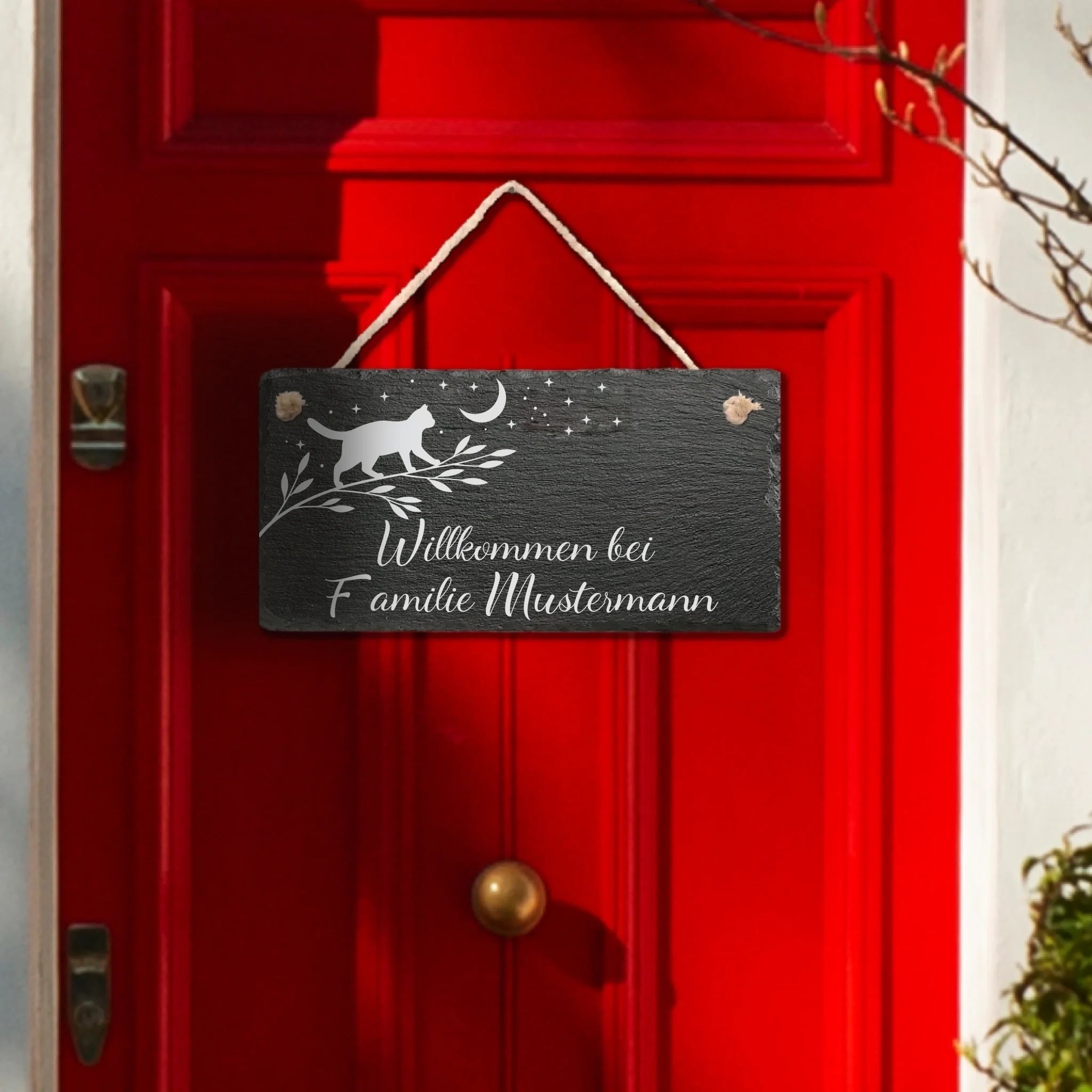 Haustürschild aus Schiefer mit Mondkatze und Sternen, Lasergravur, personalisiert mit Familienname