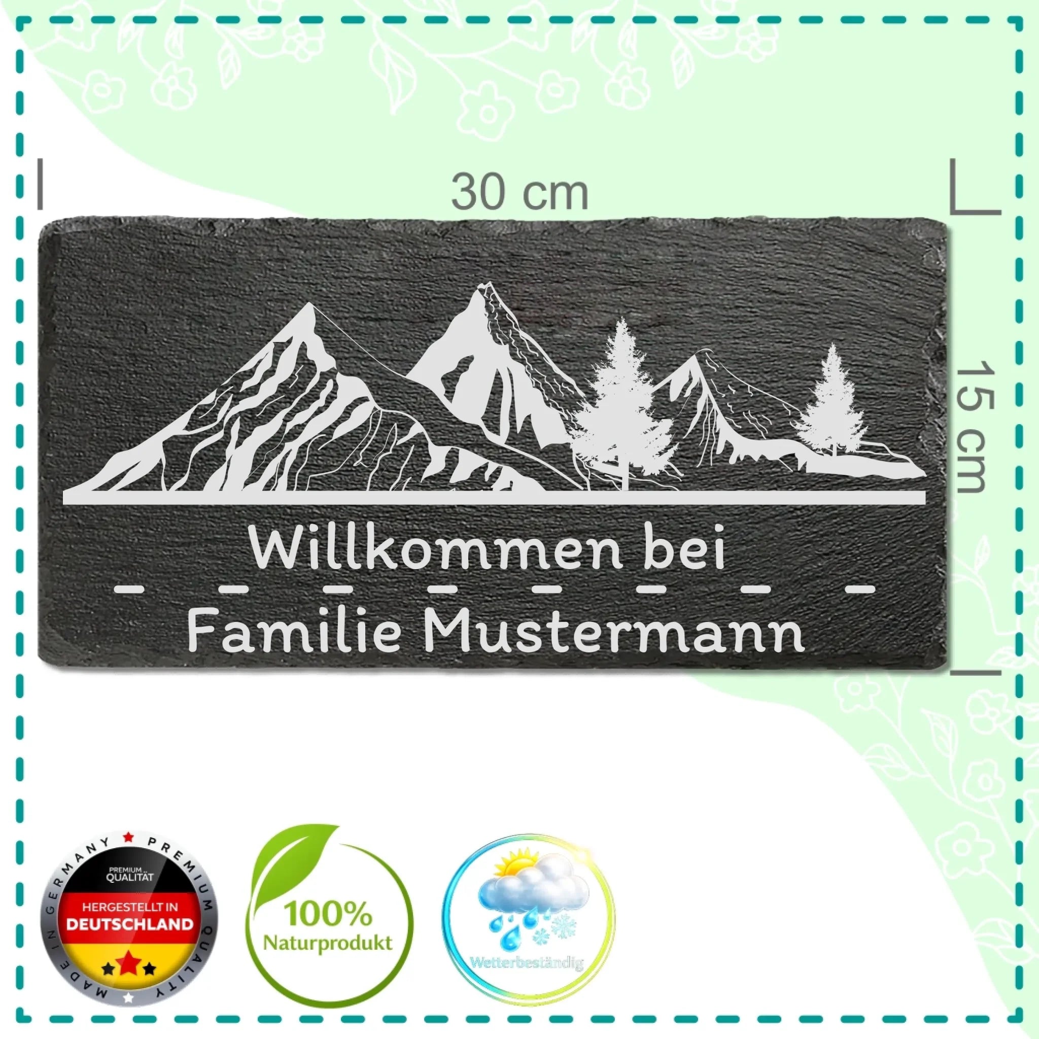 Schiefer-Willkommensschild mit Berg- und Waldmotiv, personalisiert „Willkommen bei Familie Gärtner“, 30×15 cm, inkl. Kordel