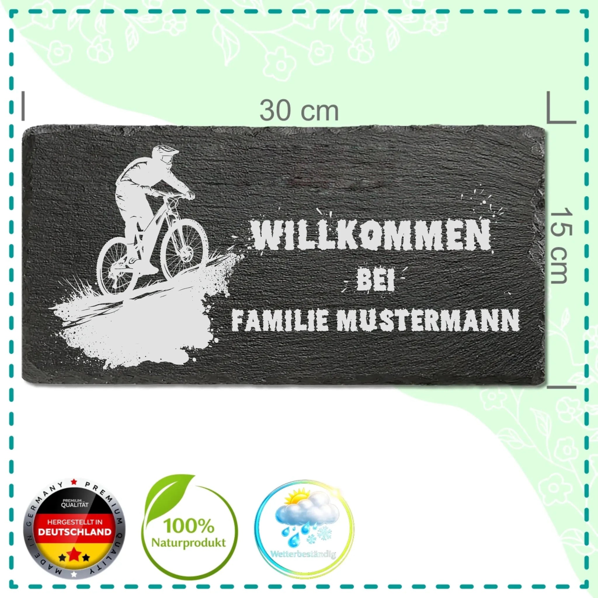 Personalisiertes Schiefer-Willkommensschild mit Mountainbike-Motiv, Wunschname graviert