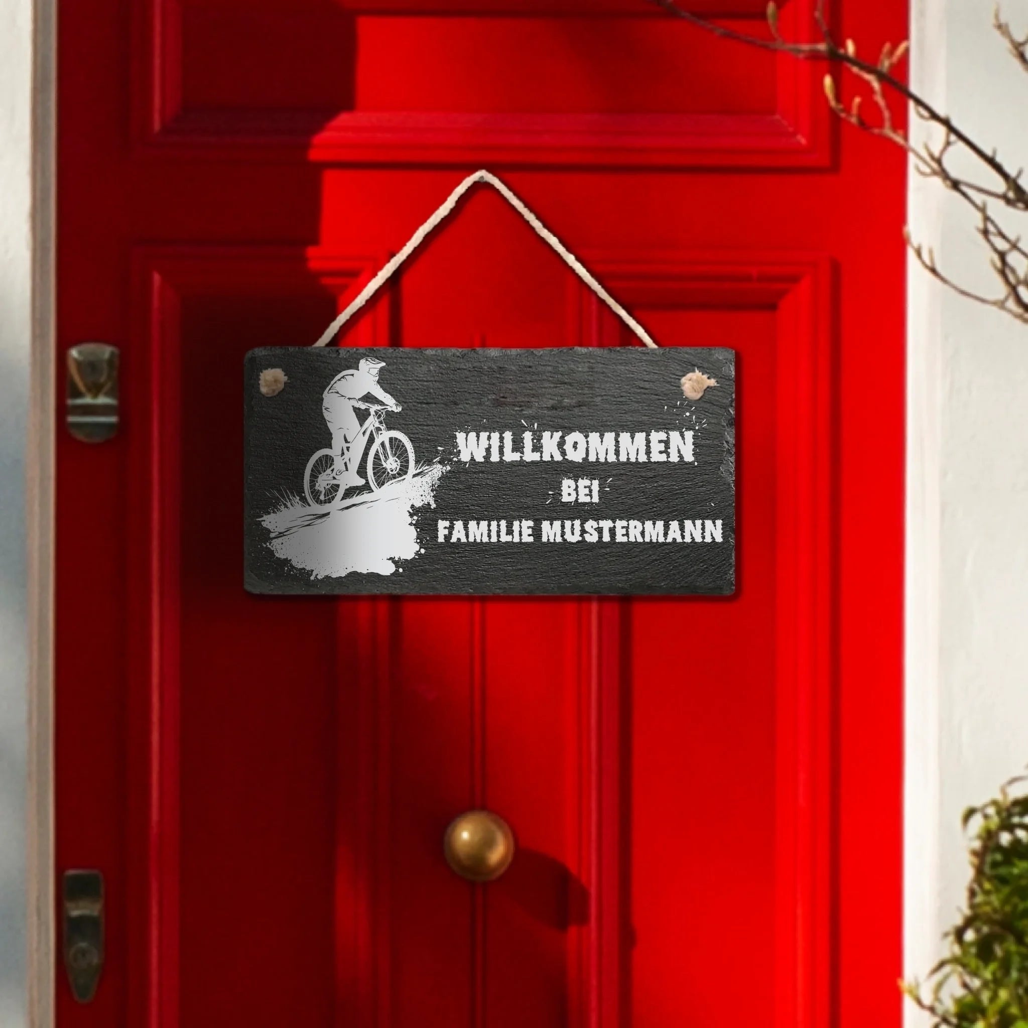 Haustürschild aus Schiefer für Radfahrer und Bike-Fans, Lasergravur mit Familienname