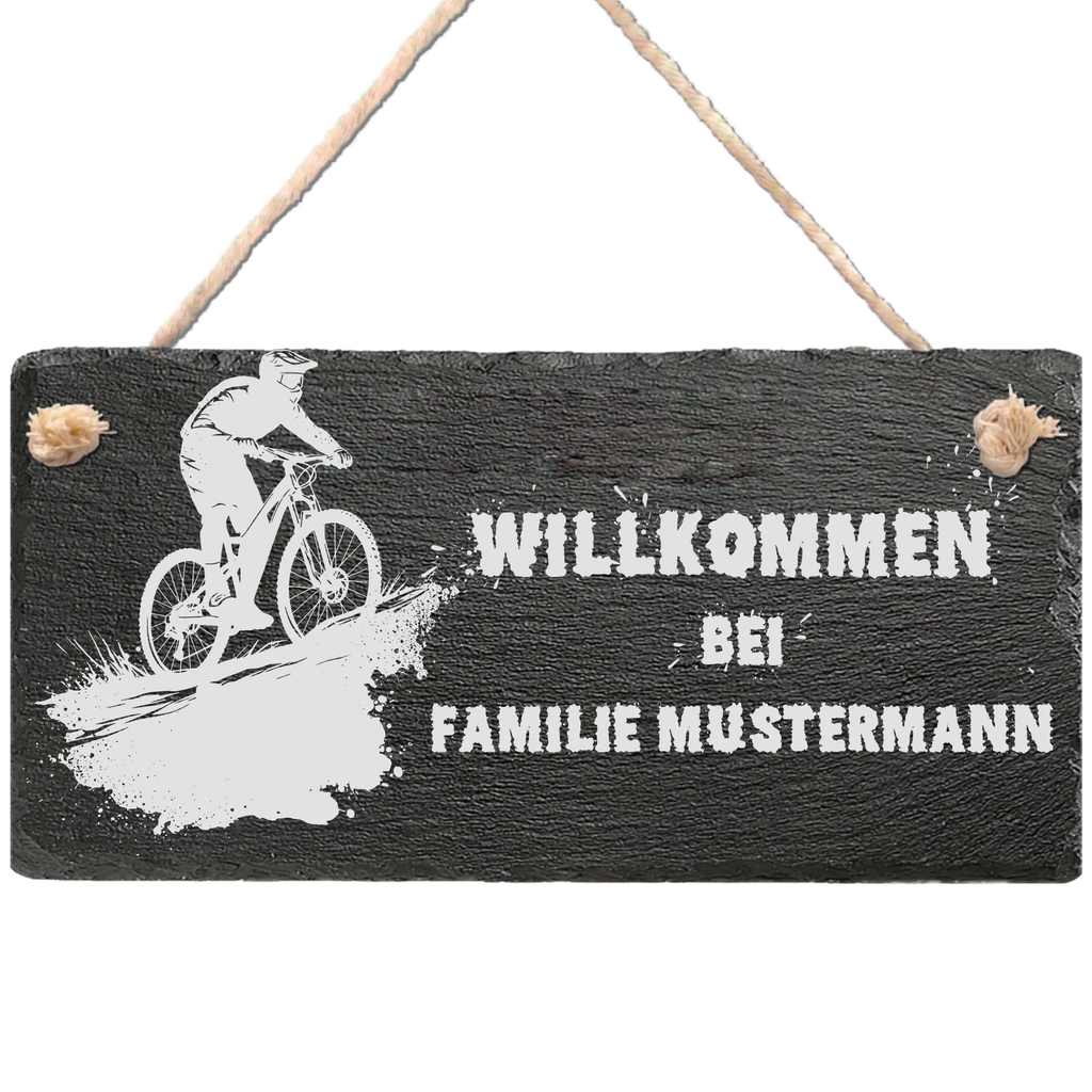 Personalisiertes Schiefer-Willkommensschild mit Mountainbike-Motiv, Wunschname graviert