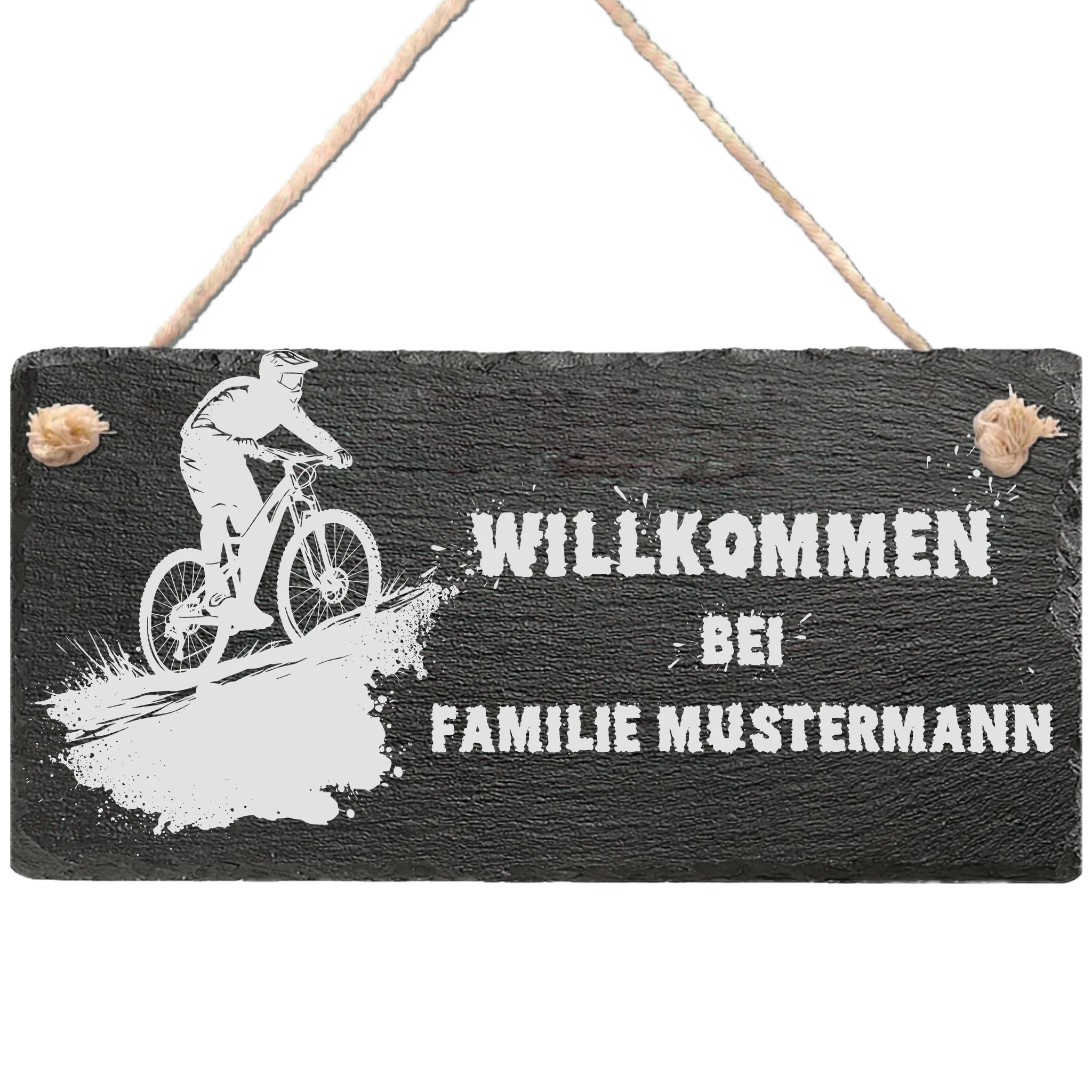 Personalisiertes Schiefer-Willkommensschild mit Mountainbike-Motiv, Wunschname graviert