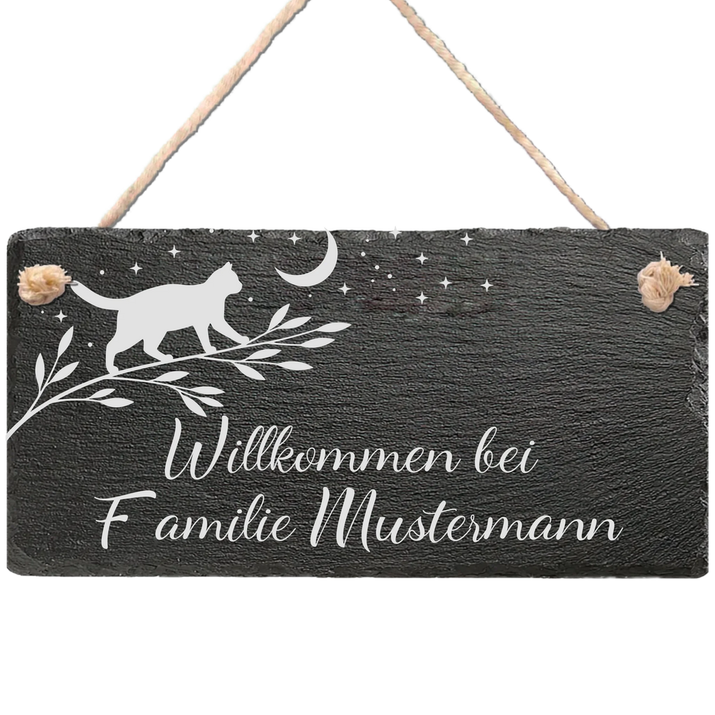 Personalisiertes Schiefer-Willkommensschild mit Katze, Mond und Sternen, Wunschname graviert