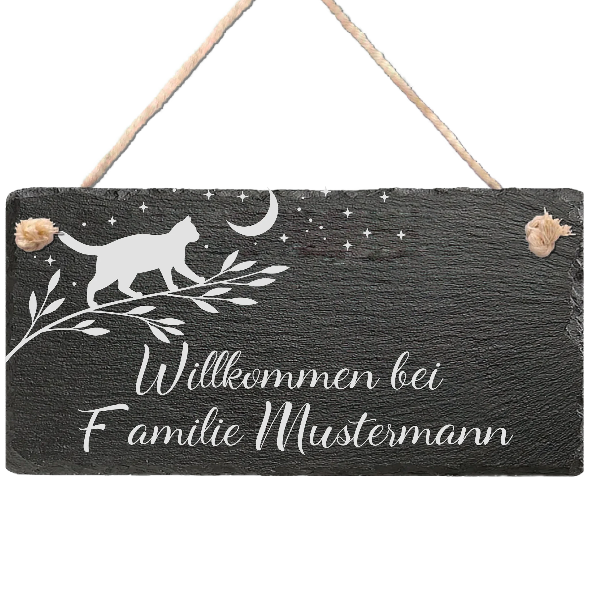 Personalisiertes Schiefer-Willkommensschild mit Katze, Mond und Sternen, Wunschname graviert