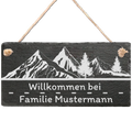 Personalisiertes Schiefer-Willkommensschild mit Berg- und Waldmotiv, Wunschname graviert