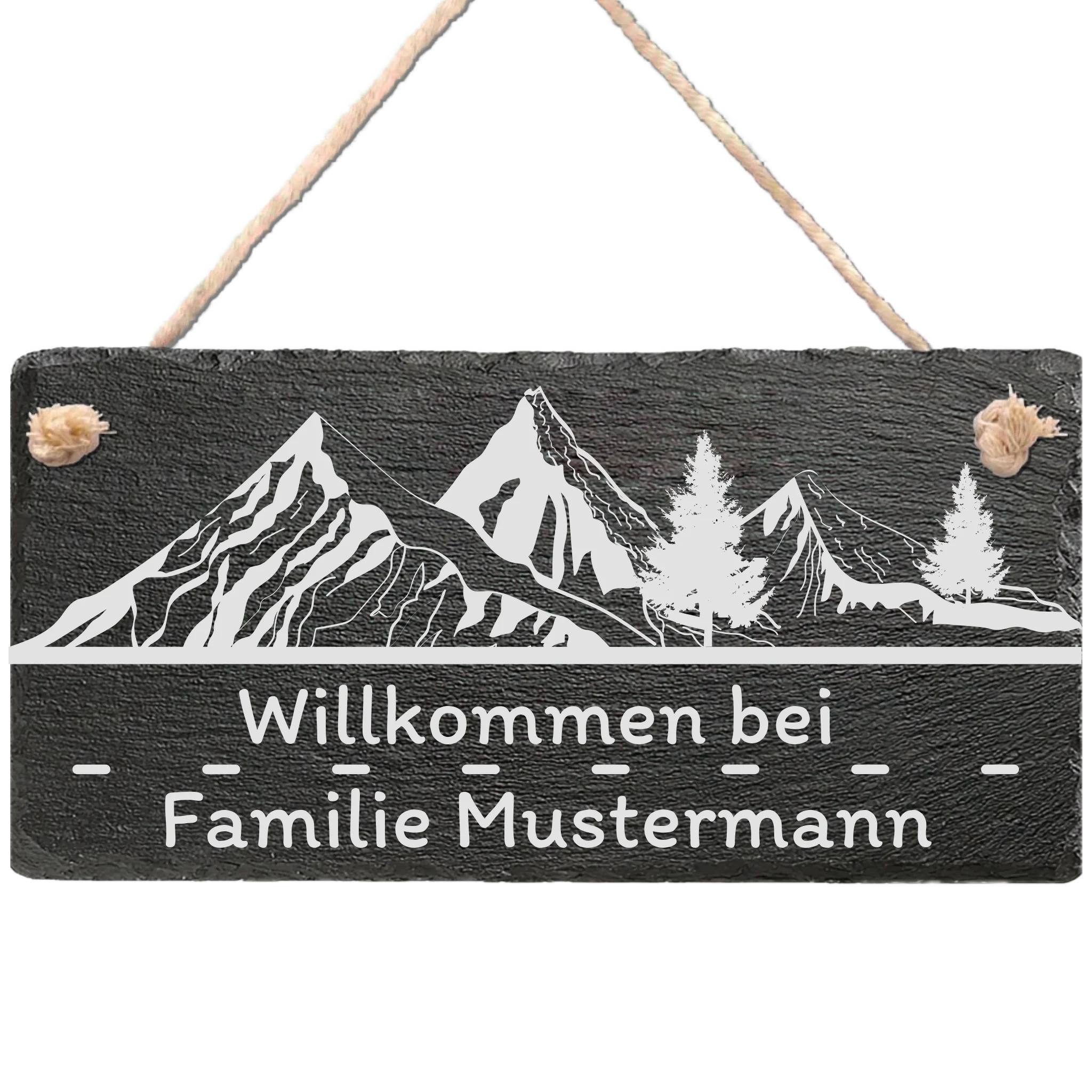 Personalisiertes Schiefer-Willkommensschild mit Berg- und Waldmotiv, Wunschname graviert