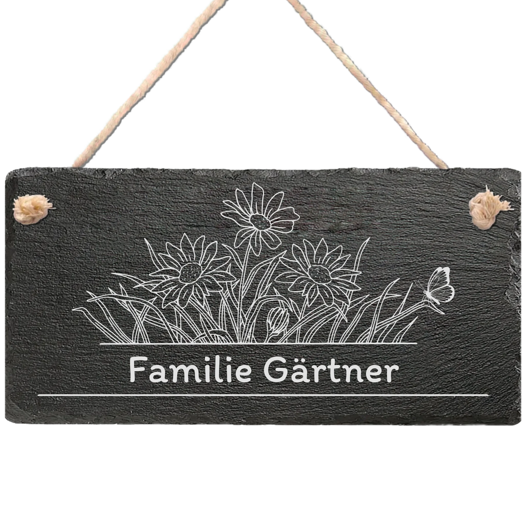 Personalisiertes Schiefer-Türschild mit Blumenwiesen-Motiv und Wunschname, inkl. Kordel