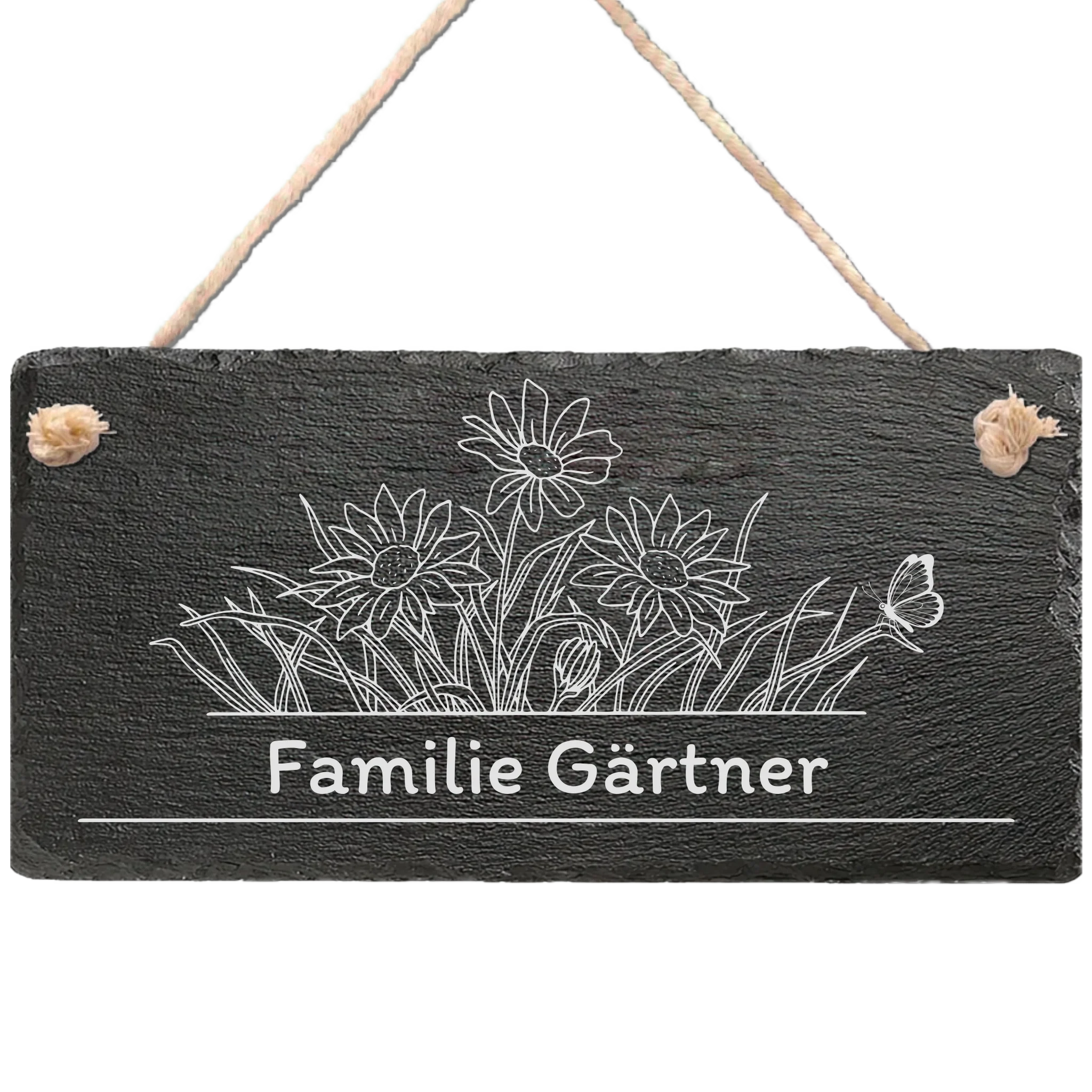 Personalisiertes Schiefer-Türschild mit Blumenwiesen-Motiv und Wunschname, inkl. Kordel