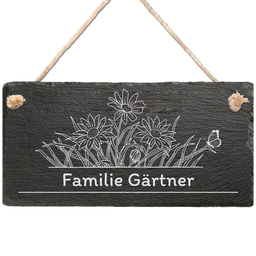 Personalisiertes Schiefer-Türschild mit Blumenwiesen-Motiv und Wunschname, inkl. Kordel