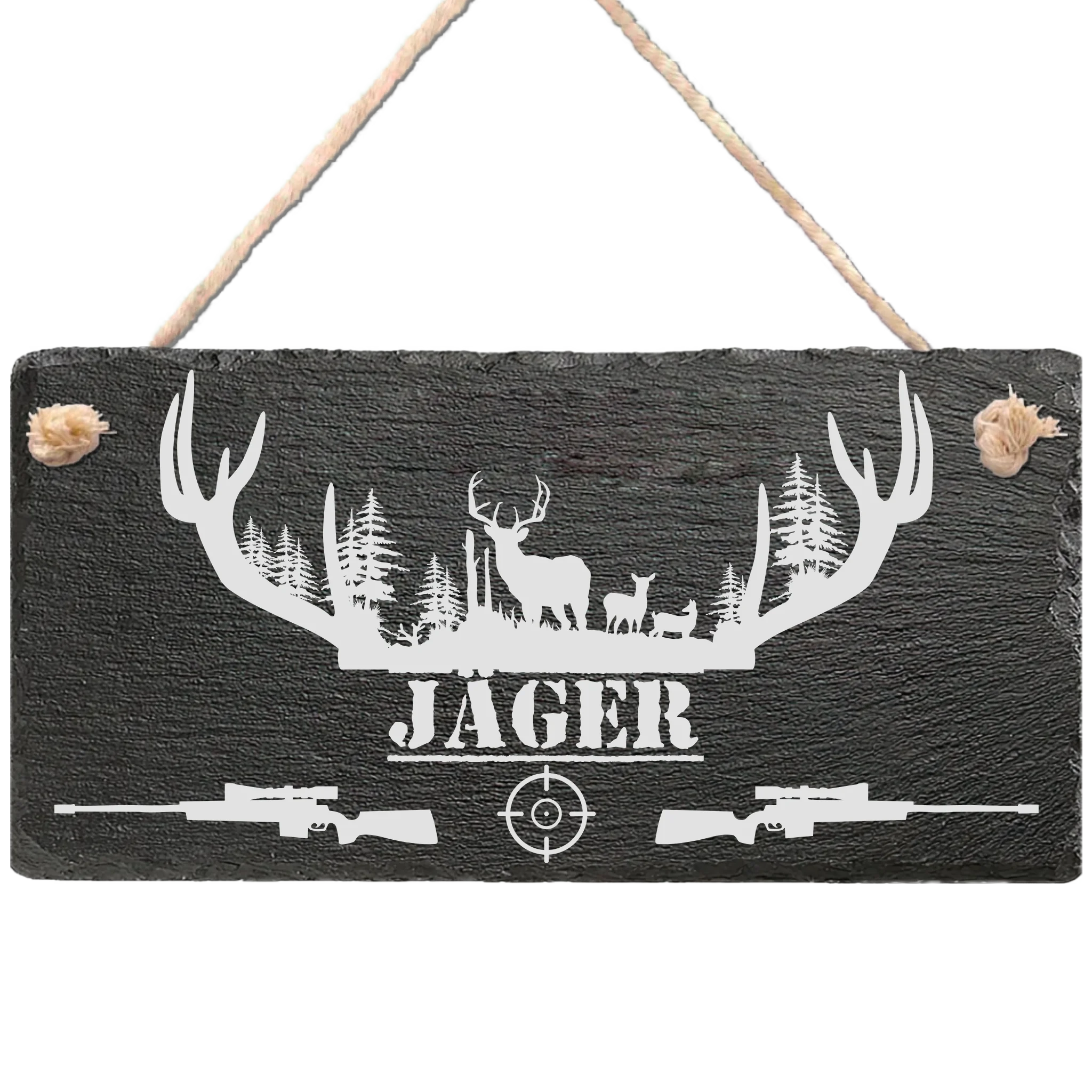 Personalisierte Schiefertafel als Willkommensschild für die Haustür, Bücherdesign „Familienbibliothek“, mit KordelPersonalisiertes Schiefer-Willkommensschild für Jäger mit Wunschname und Geweih-Motiv