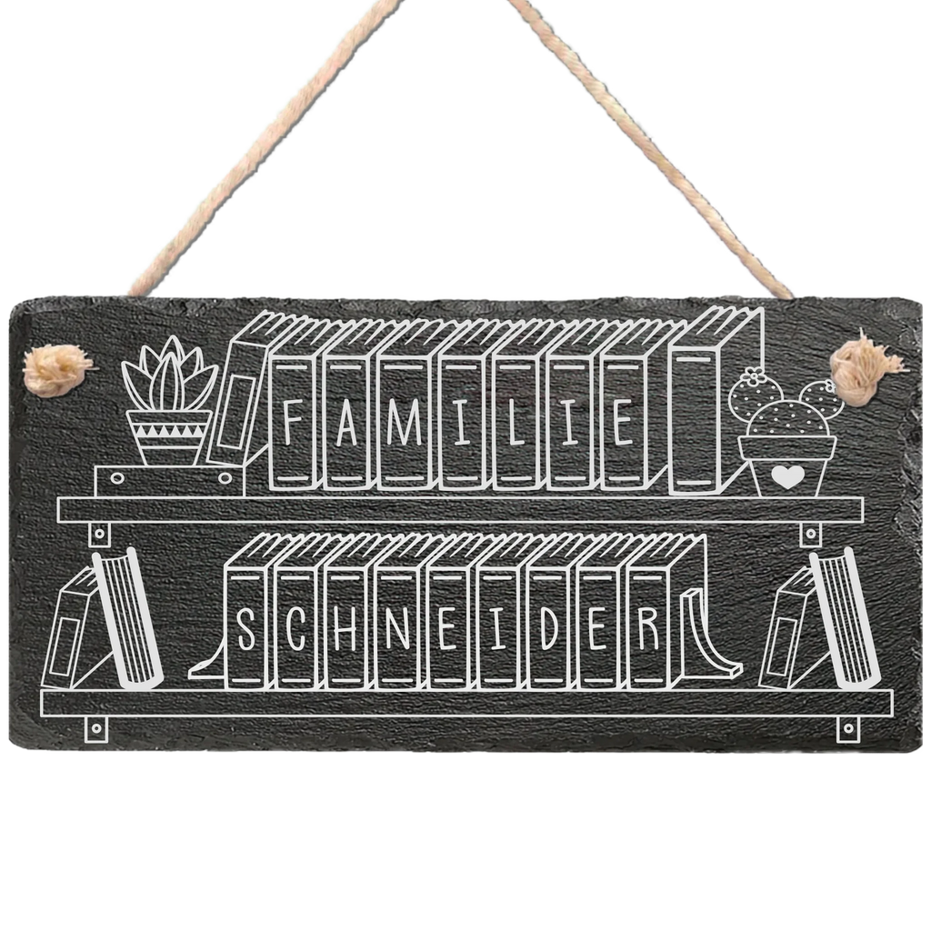 Personalisierte Schiefertafel als Willkommensschild für die Haustür, Bücherdesign „Familienbibliothek“, mit Kordel