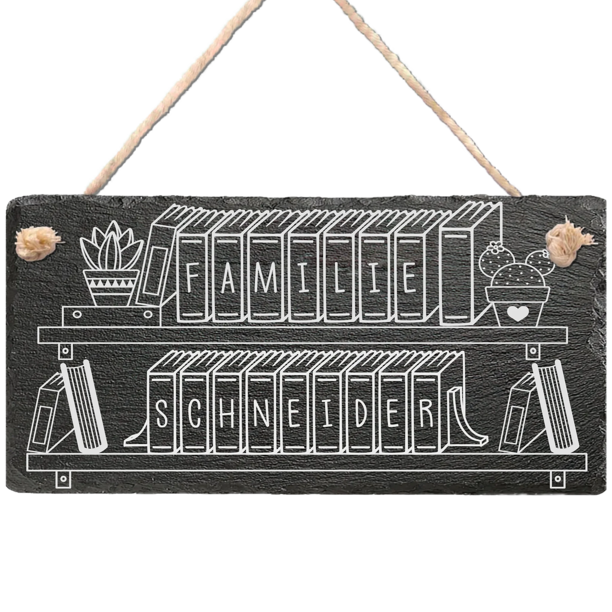 Personalisierte Schiefertafel als Willkommensschild für die Haustür, Bücherdesign „Familienbibliothek“, mit Kordel