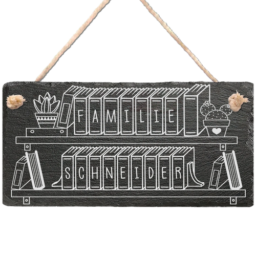 Personalisierte Schiefertafel als Willkommensschild für die Haustür, Bücherdesign „Familienbibliothek“, mit Kordel