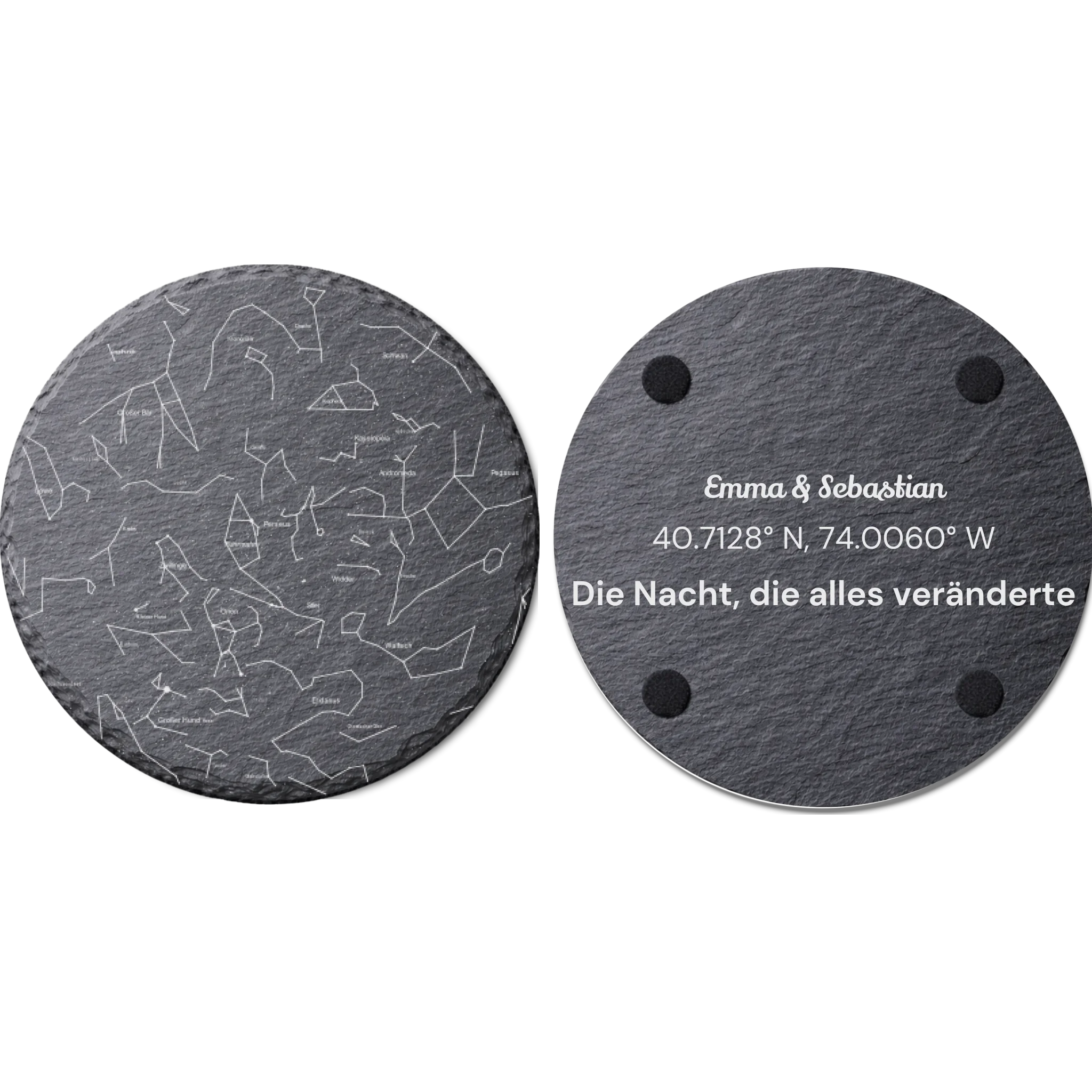 Personalisierte runde Schieferplatte mit Sternenkarte auf der Vorderseite und Gravur auf der Rückseite mit Namen, Koordinaten und Text „Die Nacht, die alles veränderte“.