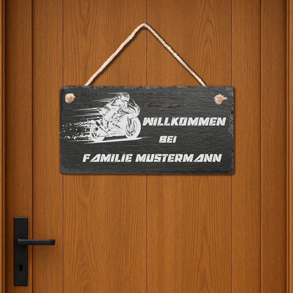 Geschenk für Motorradfahrer personalisierte Schiefertafel mit Motorrad und Familiennamen