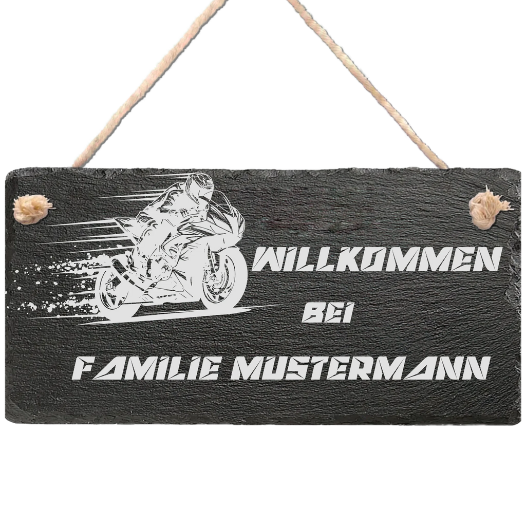 Personalisierte Schiefertafel mit Motorradmotiv und Schriftzug Willkommen bei Familie Mustermann