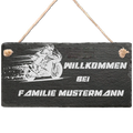 Personalisierte Schiefertafel mit Motorradmotiv und Schriftzug Willkommen bei Familie Mustermann