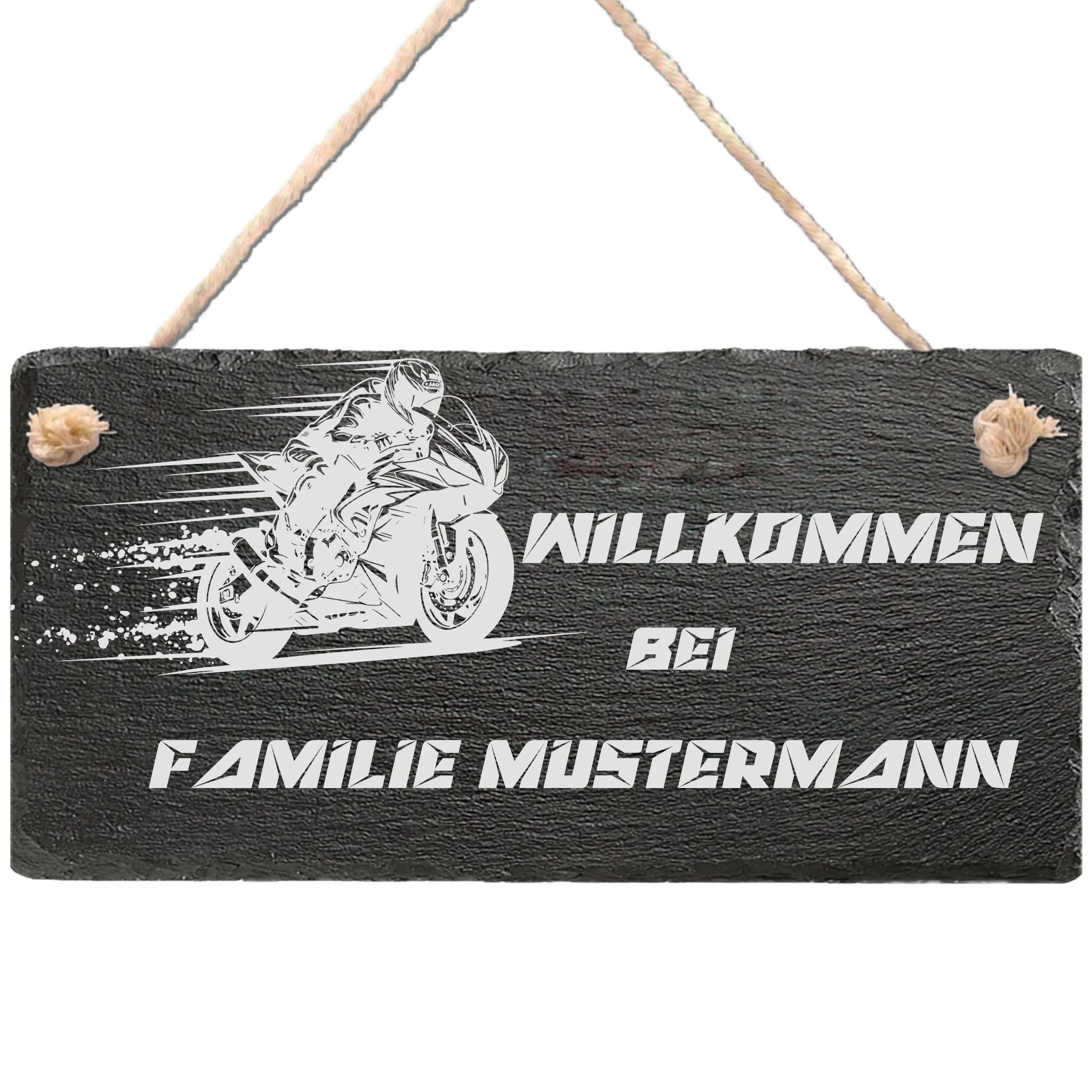 Personalisierte Schiefertafel mit Motorradmotiv und Schriftzug Willkommen bei Familie Mustermann