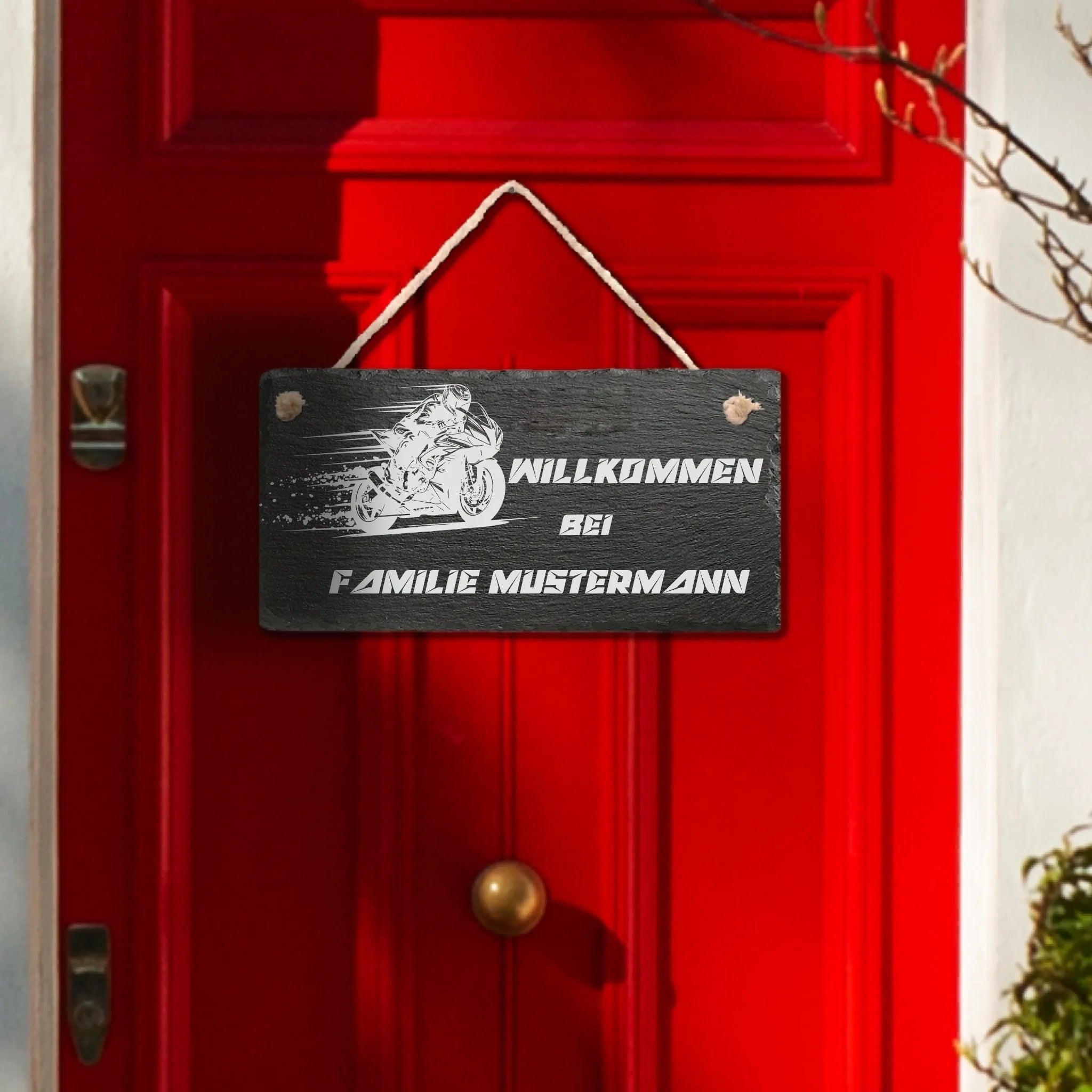 Dekoratives Türschild aus Schiefer mit Motorrad Motiv und individuellem Wunschtext