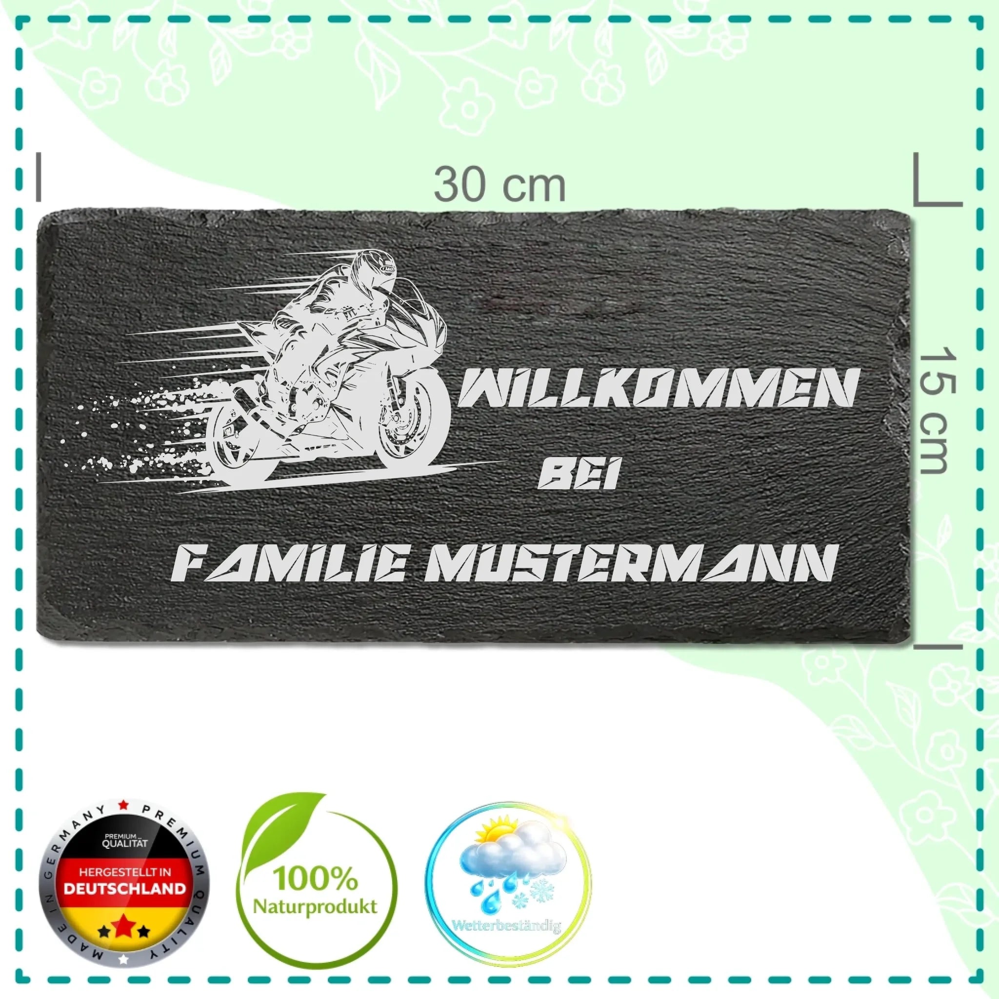 Schwarzes Schieferschild mit sportlichem Motorradfahrer und personalisiertem Familiennamen