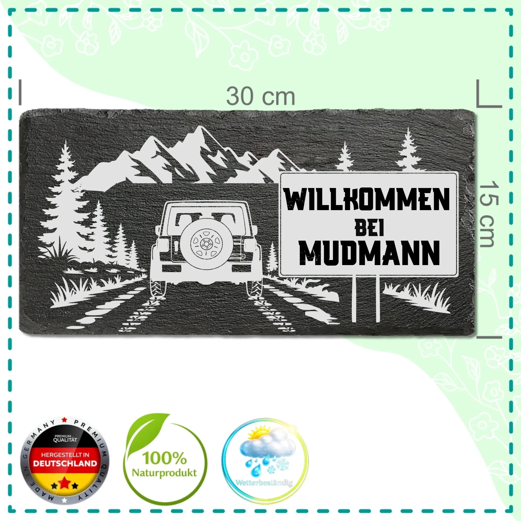 Personalisierte Schiefertafel mit Offroad-Motiv, Geländewagen, Bergen und Wunschname als Willkommensschild