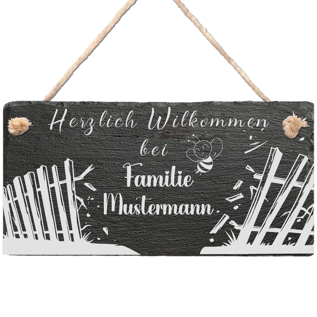 Personalisierte Schiefertafel mit Bienenmotiv und Familienname als Willkommensschild für die Haustür