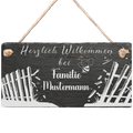 Personalisierte Schiefertafel mit Bienenmotiv und Familienname als Willkommensschild für die Haustür
