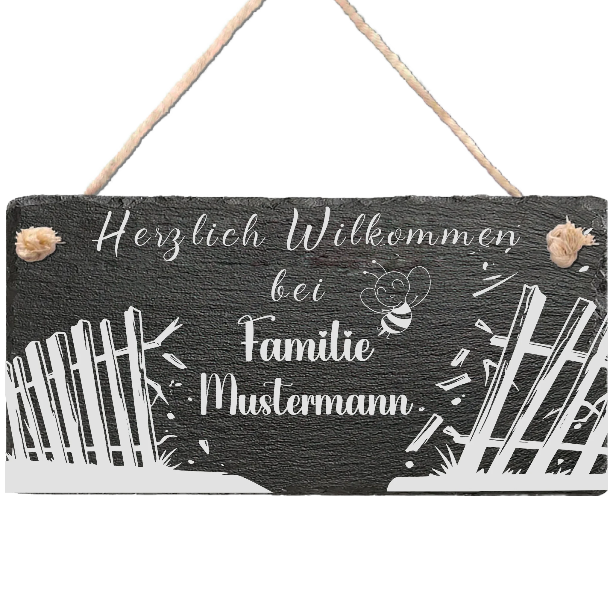Personalisierte Schiefertafel mit Bienenmotiv und Familienname als Willkommensschild für die Haustür