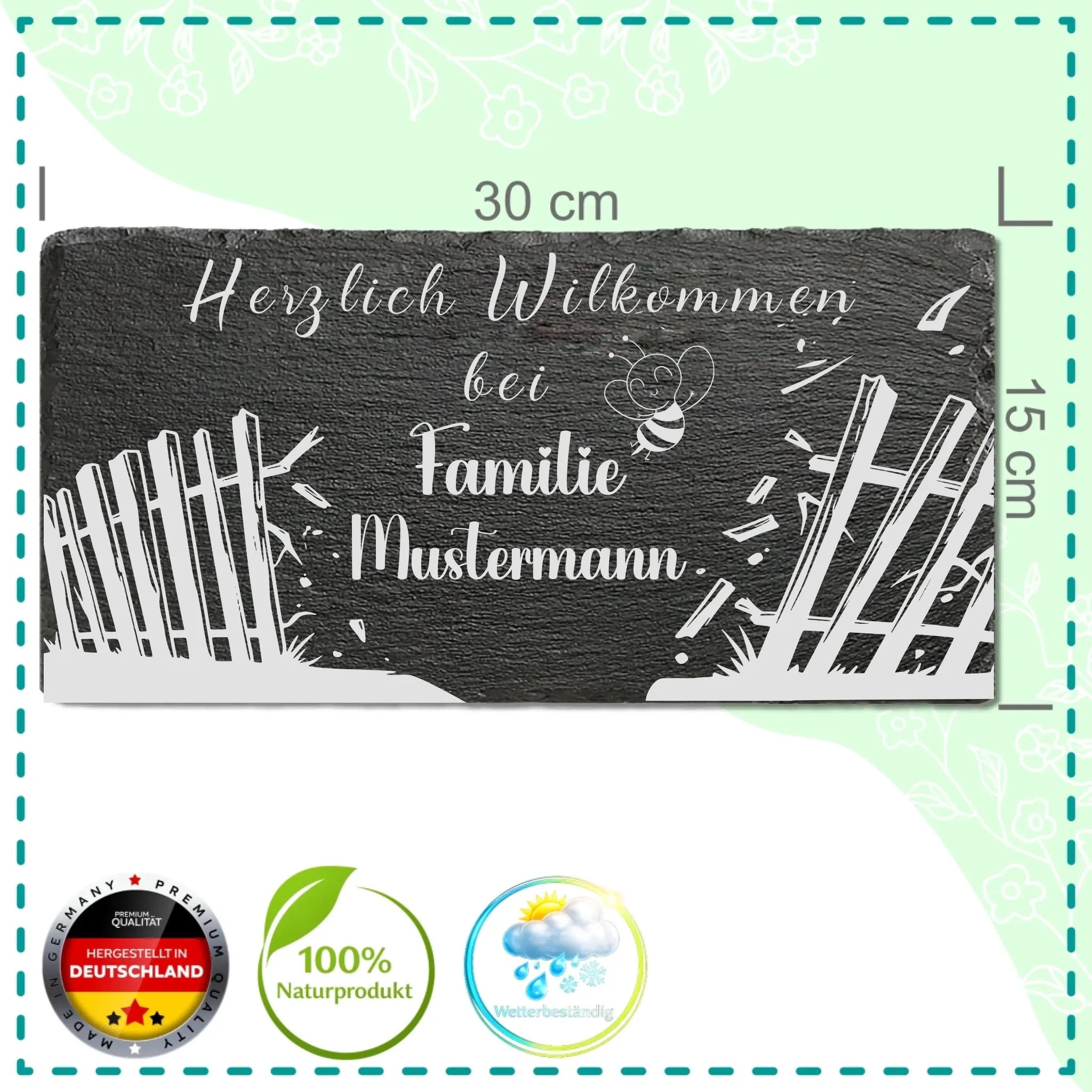 Willkommensschild aus Schiefer mit Biene, Zaunmotiv und personalisiertem Wunschname