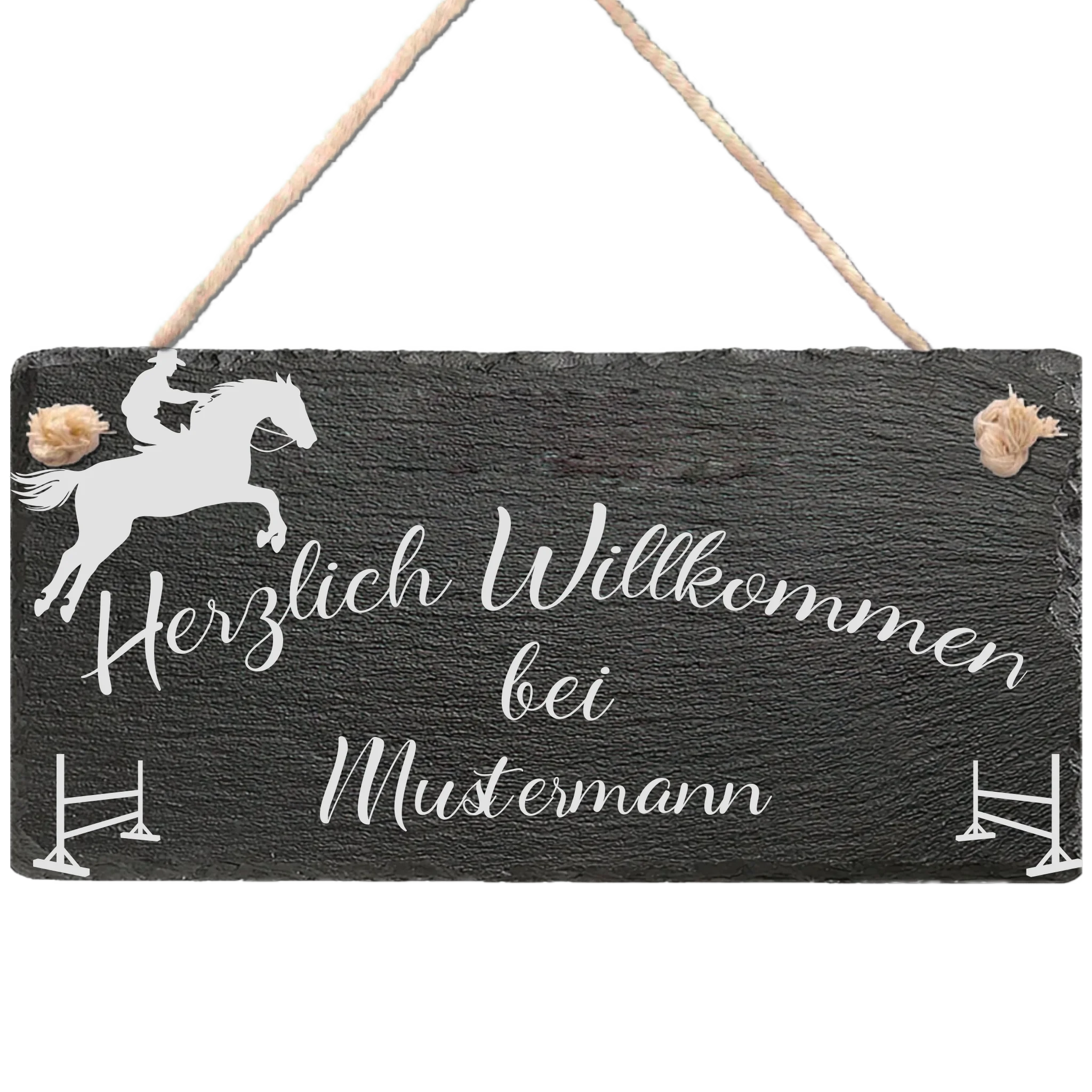 Willkommenstafel aus Schiefer im Reitsport-Design mit Pferdemotiv und personalisiertem Familiennamen