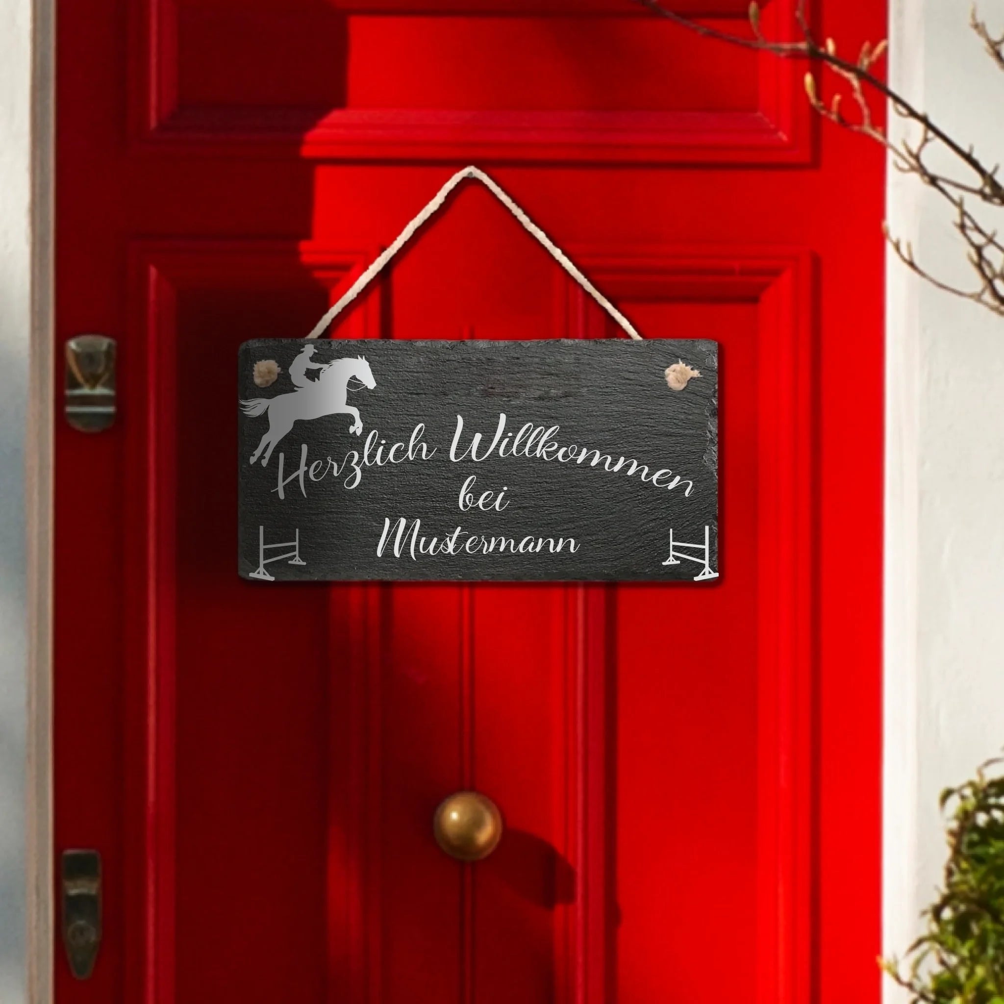 Schiefertafel ca. 30 x 15 cm mit Kordel, Reitsport-Design und personalisiertem Wunschtext
