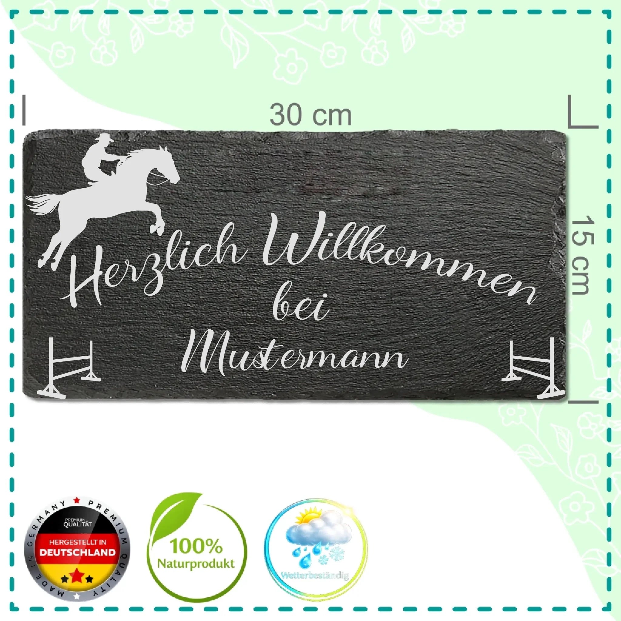 Personalisierte Schiefertafel mit Reitsport-Motiv, springendem Pferd und Wunschname