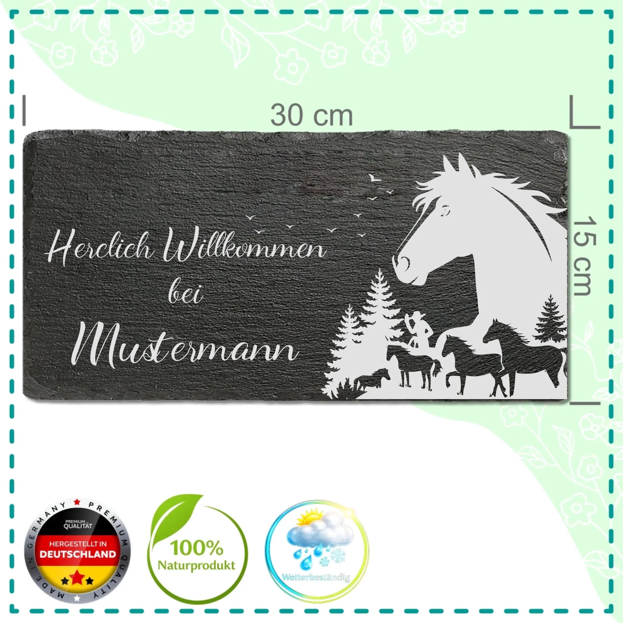 Personalisierte Schiefertafel mit Pferdemotiv, Waldlandschaft und individuellem Wunschname