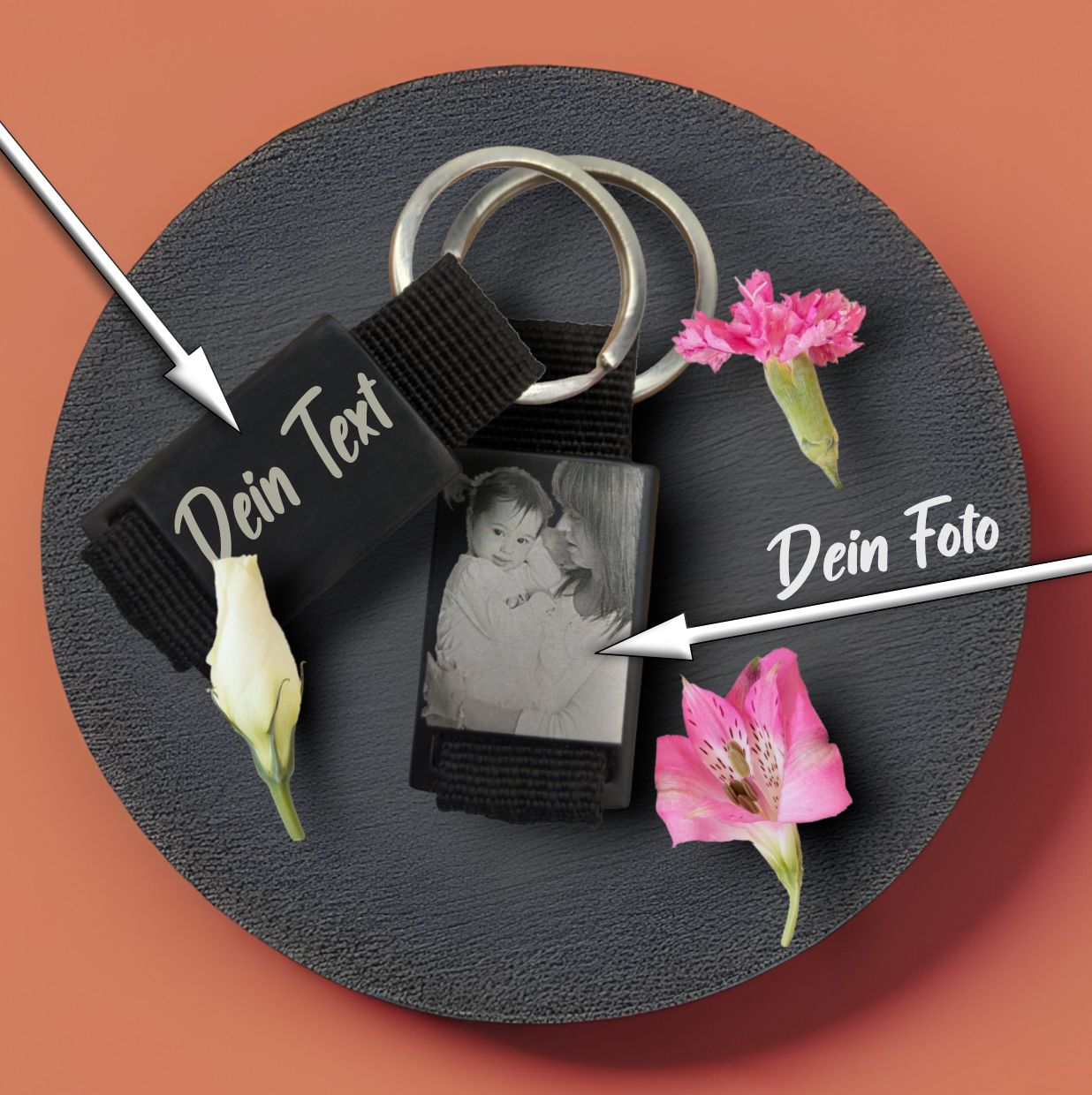 Schlüsselanhänger schwarz mit persönlicher Fotogravur - Tonyshop - Schlüsselanhänger schwarz mit persönlicher Fotogravur